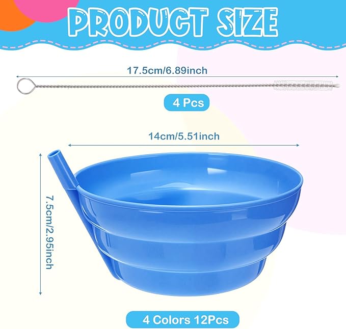 12 Pack Christmas Plastic Cereal Bowls with Straws Colored 16 oz Built-in Straw Bowl and 4 Cleaning Brushes Reusable Dishwasher for Breakfast Milk Soup Snack Salad Dessert Party Supplies