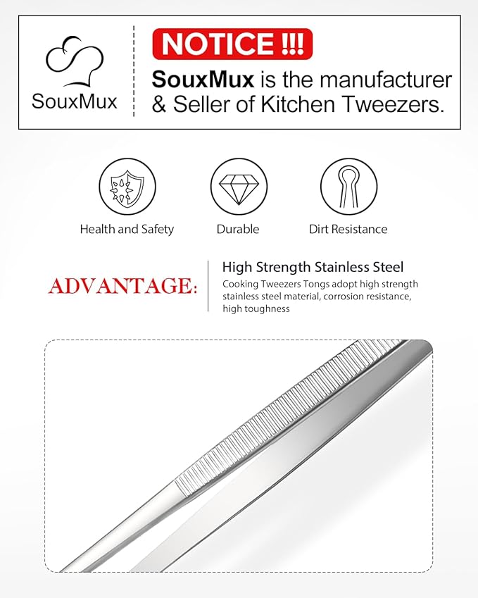 2 Pcs 10-inch Cooking Tweezers Tongs Precision Serrated Tips, Stainless Steel Professional Chef Tweezer Kitchen Tools for BBQ, Plating and Serving (Silver)