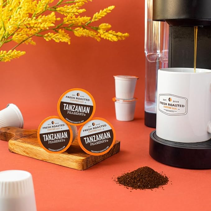 Fresh Roasted Coffee, Tanzanian Peaberry, Light Roast, 72 Pods for K Cup Brewers