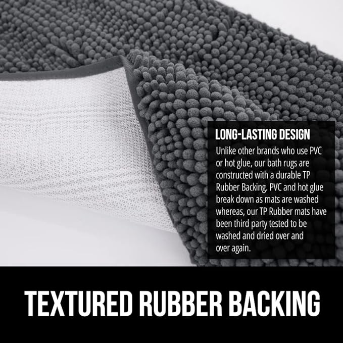 GORILLA GRIP Bath Rug Mat 48x24, Soft Absorbent Chenille, Quick Dry Microfiber Mats, Rubber Backing Washable Shower Floor Rugs, Bathmat Runner, US Designed Bathroom Home Decor Accessories Charcoal
