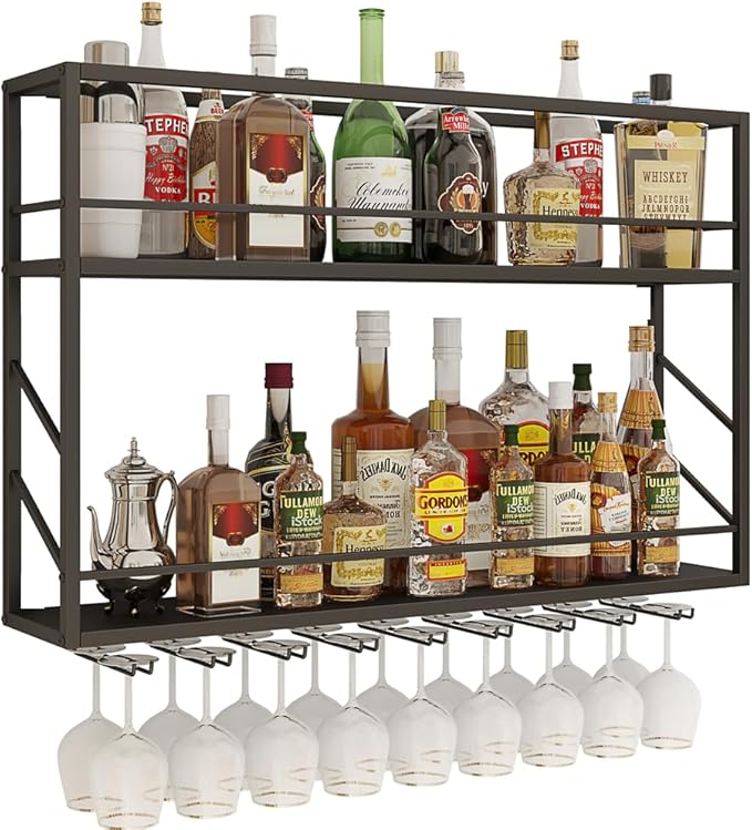 Wall Mounted Wine Rack 2 Tier, Metal Bar Liquor Shelves and Glass Holder,Wall Bar Shelf Wine Display Storage Holder for Home Bar, Dining Room, Kitchen (47.2×7.8×26in)