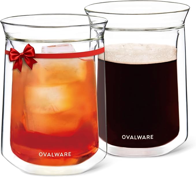 ovalware Double Wall Single Lip Insulated Glass Cup, Set of 2 (12oz / 350ml) - Borosilicate Glass For Coffee, Tea, Whiskey, Cocktails & All Beverages - Minimalistic & Durable Double-Wall Drinking Mug