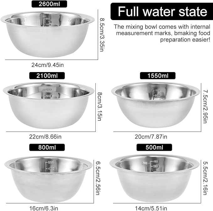 Stainless Steel Mixing Bowls Set of 5, Small Metal Mixing Bowl for Baking, Prepping, Cooking and Serving, Salad, Vegetables,Sizes 9.4" 8.6" 7.8" 6.3" 5.5" (Lid not Included) (set of 5)