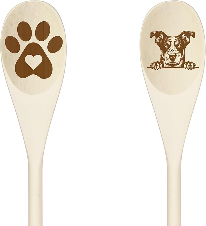 Decorative Wooden Spoons with Peeking Dog Designs, Paw Print and Dog Head, Kitchen Utensils Set of 2 (CATAHOULA-34)