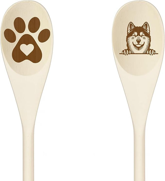 Decorative Wooden Spoons with Peeking Dog Designs, Paw Print and Dog Head, Kitchen Utensils Set of 2 (JAPANESE AKITA)