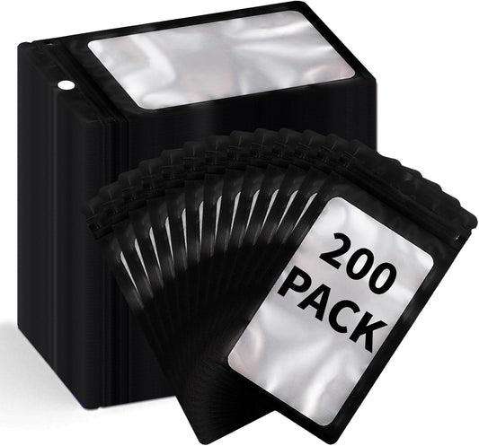 200 Pack Resealable Mylar Holographic Bags Food Storage Smell Proof Bags with Front Window Foil Packaging Pouch for Candy Sample Jewelry Small Business 3.54×6.29 Inch, Black