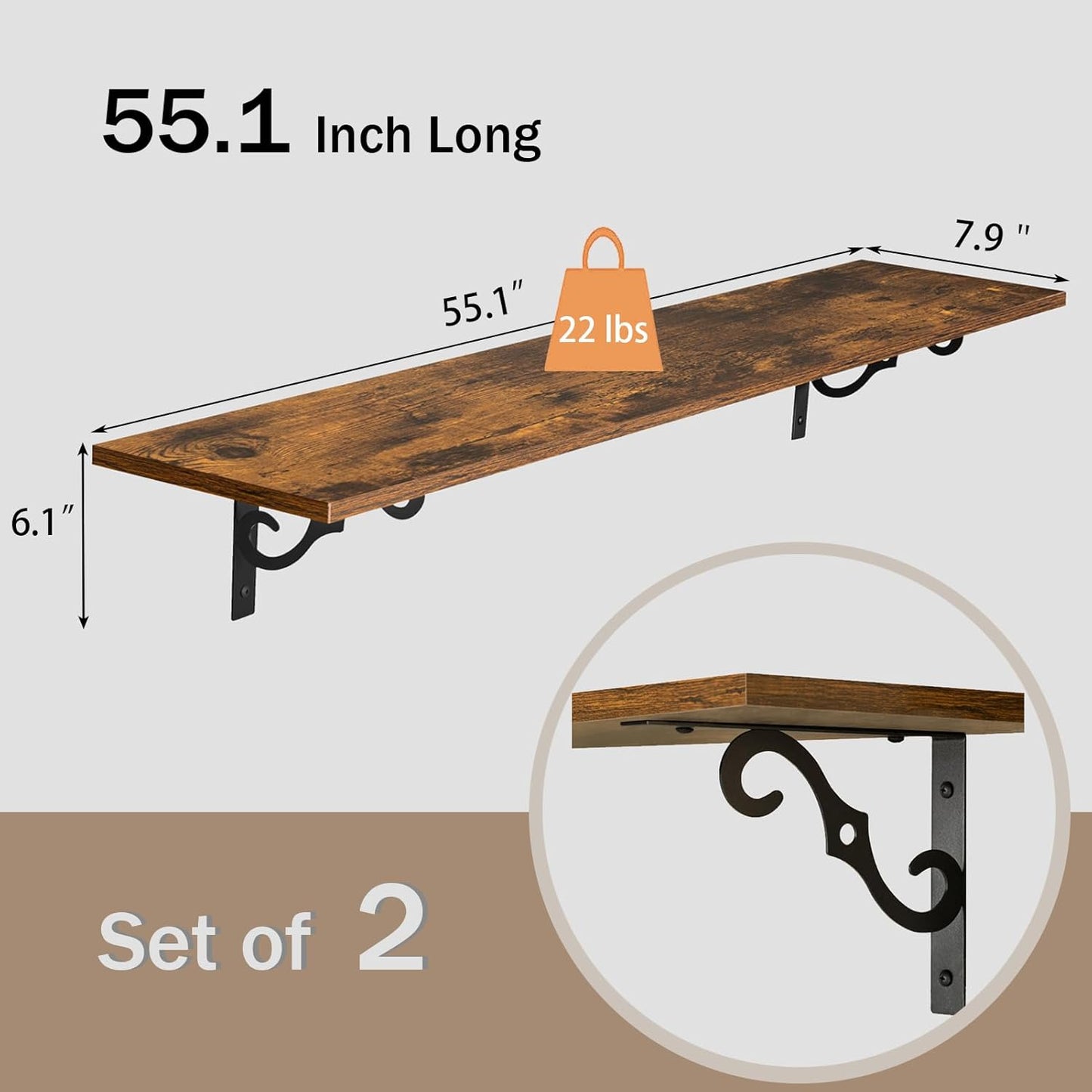 DINZI LVJ Long Wall Shelves, 55.1" Large Floating Shelves Set of 2, Wide Display Shelf Wall Mounted with Brackets, Easy Hanging for Living Room, Toilet, Office, Bedroom, Rustic Brown