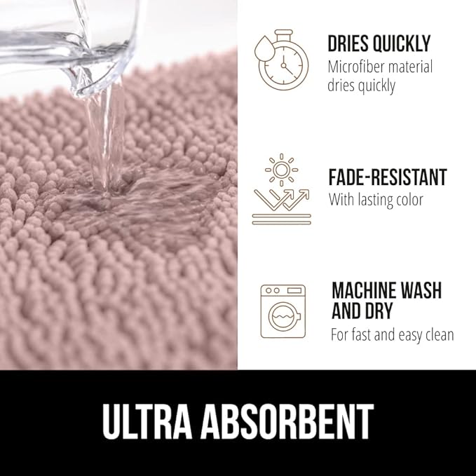 GORILLA GRIP Bath Rug Mat, Thick Soft Absorbent Chenille, Quick Dry Microfiber Mats, Rubber Backing Washable Shower Floor Rugs, US Designed Bathroom Bathmat Home Decor Accessories, 24x17 Dusty Rose