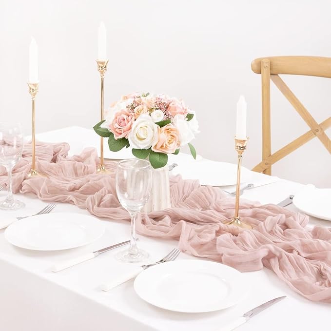MLMC 8 Pack Pink Table Runner Boho Dusty Pink Cheesecloth Table Runner 10ft Gauze Cheese Cloth Winter Decor 35x120 Inches for Wedding Bridal Baby Shower Birthday Party Decor