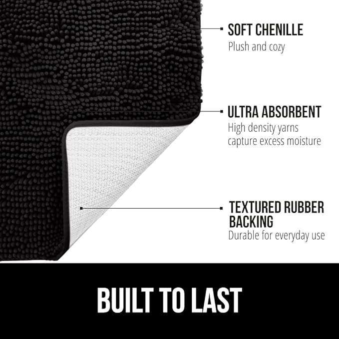 GORILLA GRIP Bath Rug Mat 36x24, Thick Soft Absorbent Chenille, Quick Dry Microfiber Mats, Rubber Backing Washable Shower Floor Rugs, Bathmat Runner, US Designed Bathroom Home Decor Accessories Black