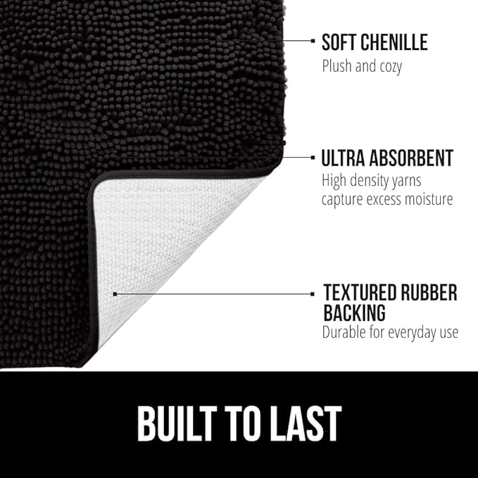GORILLA GRIP Bath Rug Mat, Thick Soft Absorbent Chenille, Quick Dry Microfiber Mats, Rubber Backing Washable Shower Floor Rugs, US Designed Bathroom Bathmat Home Decor Accessories, 24x17, Black