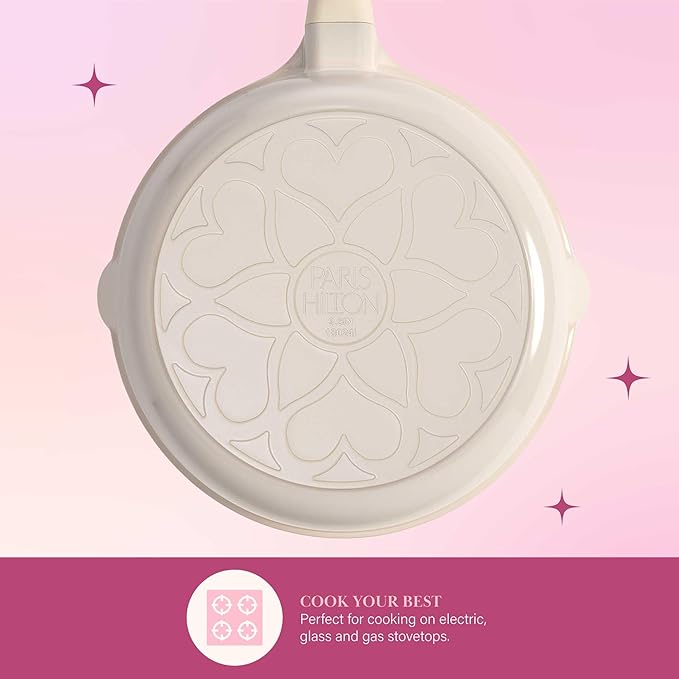 Paris Hilton Ceramic Nonstick Cookware Set, Cast Aluminum with Dual Layer Nonstick Coating, Gold Heart Knobs, Stay-Cool Handles, Made without PFAS, PFOA, PFOS & PTFE, Dishwasher Safe, 10-Piece, Cream