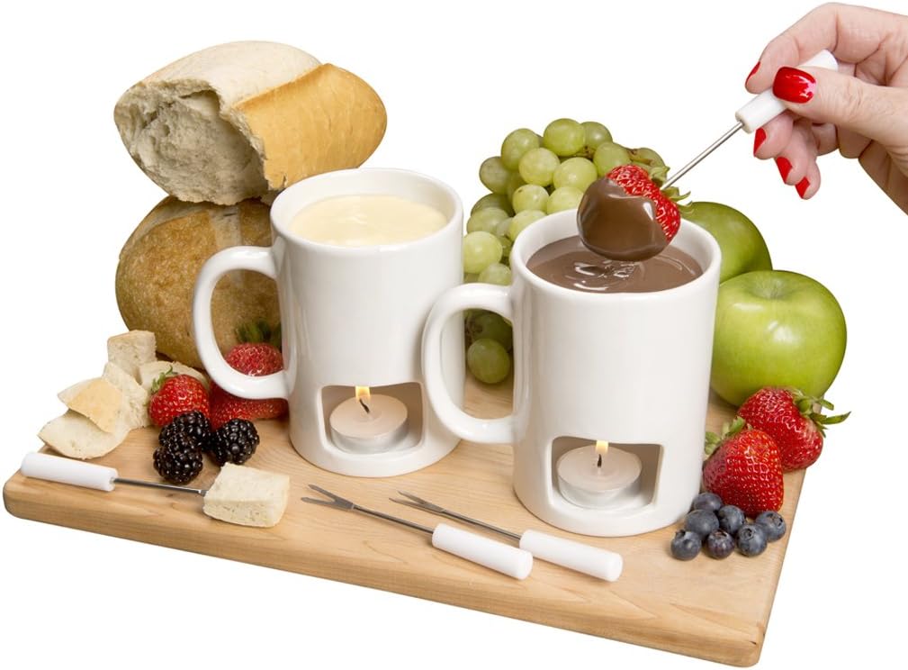 Evelots Fondue Pot Set for Chocolate, Cheese, Candy (2 Pack) Mini Ceramic Fondue Mugs Gift Set with 4 Forks & 8 Candles - Great for Date Night Birthday & Wedding Gifts