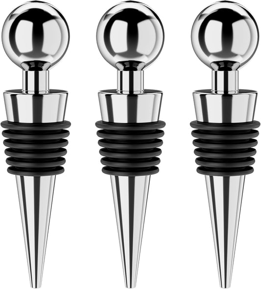 Wine Stoppers for Wine Bottles 3Pcs Vacuum Wine Bottle Stopper with Silicone Reusable Wine Corks, Leak proof Keep Fresh Suitable for Standard (Silver, 3 Pack)