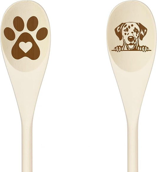 Decorative Wooden Spoons with Peeking Dog Designs, Paw Print and Dog Head, Kitchen Utensils Set of 2 (DALMATIAN)