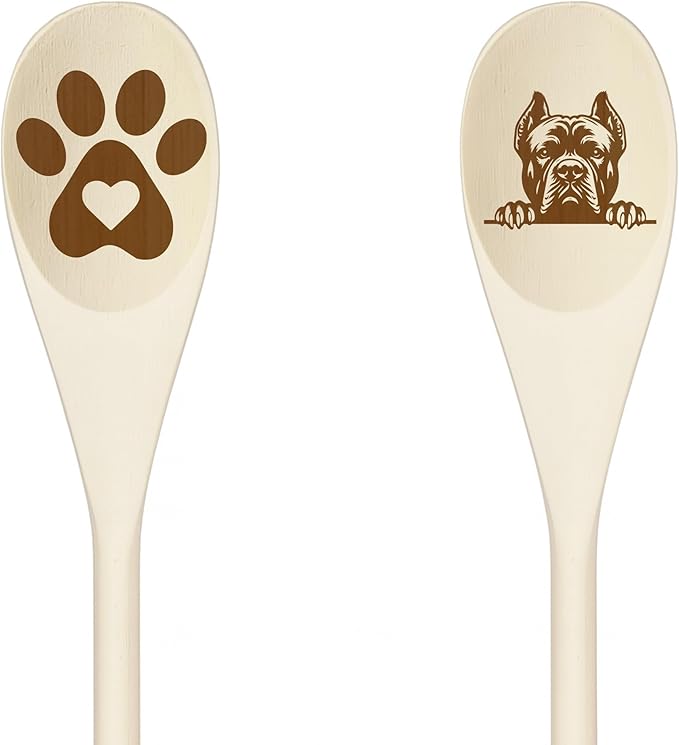 Decorative Wooden Spoons with Peeking Dog Designs, Paw Print and Dog Head, Kitchen Utensils Set of 2 (CANE CORSO)