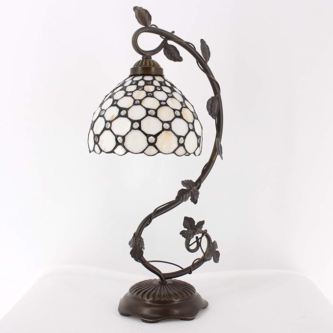 WERFACTORY Tiffany Table Lamp Cream Stained Glass Pearl Style Desk Light with Metal Leaf Base 8X10X21 Inches Decor Small Space Bedroom Home Office S005 Series