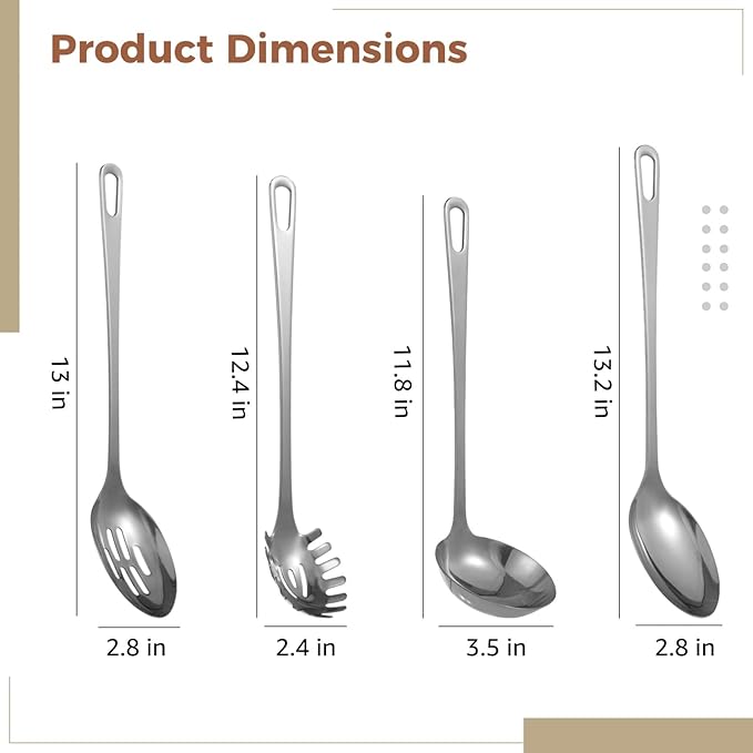 4 Pcs Stainless Steel Cooking Utensils Set, Includes Ladle, Slotted Serving Spoon, Solid Serving Spoon, Pasta Server, 430 Stainless Steel Metal Kitchen Utensils for Cooking