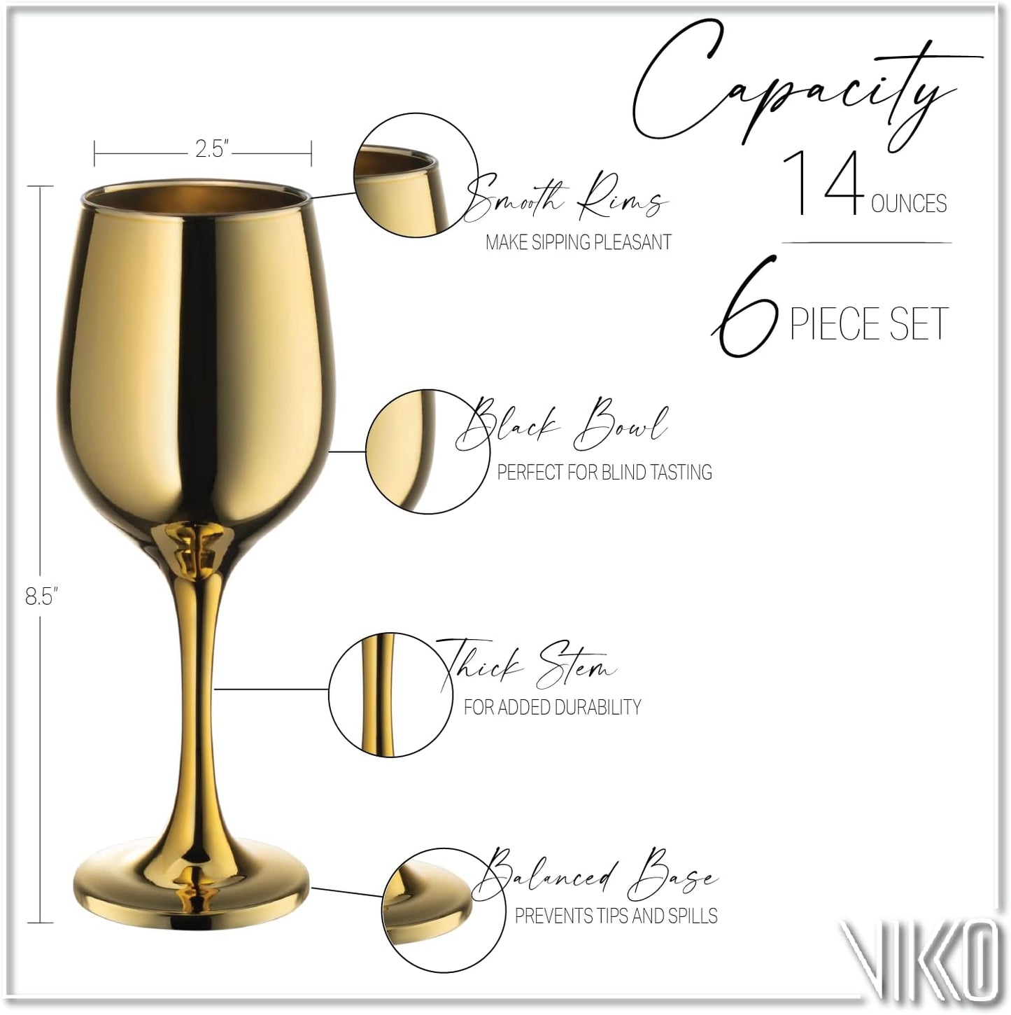 Vikko Décor Wine Glasses, 14 Oz Fancy Wine Glass With Stem For Red And White Wine, Thick And Durable Wine Glass, Dishwasher Safe, Great For Wine Tasting, Set Of 6