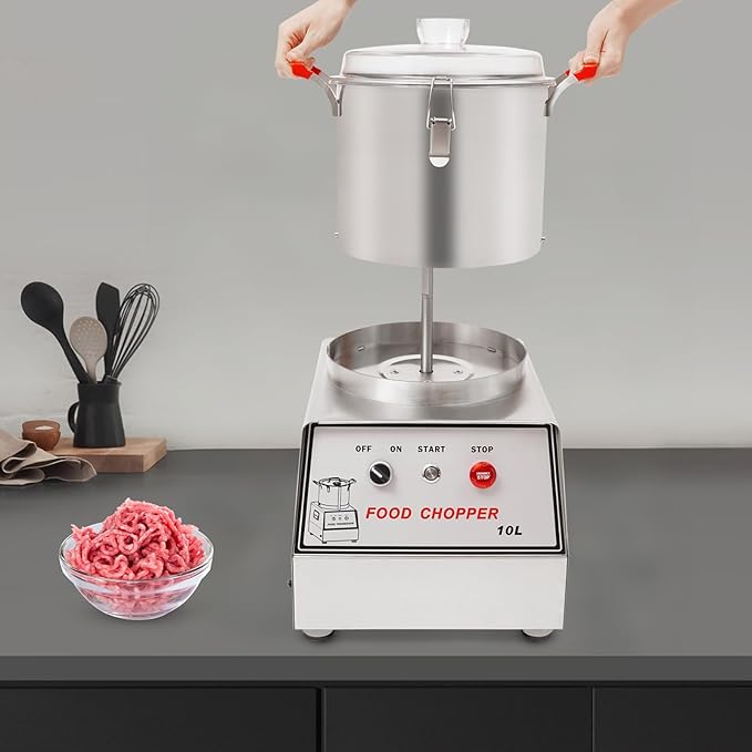 Commercial Food Processor 1100W 110V Electric Food Chopping Machine 10L/2.64Gal Stainless Steel Food Processor with Handles and Clear Lid for Restaurant Cafeteria, Silver