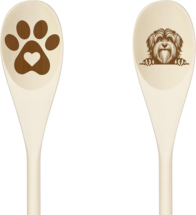 Decorative Wooden Spoons with Peeking Dog Designs, Paw Print and Dog Head, Kitchen Utensils Set of 2 (HAVANESE)