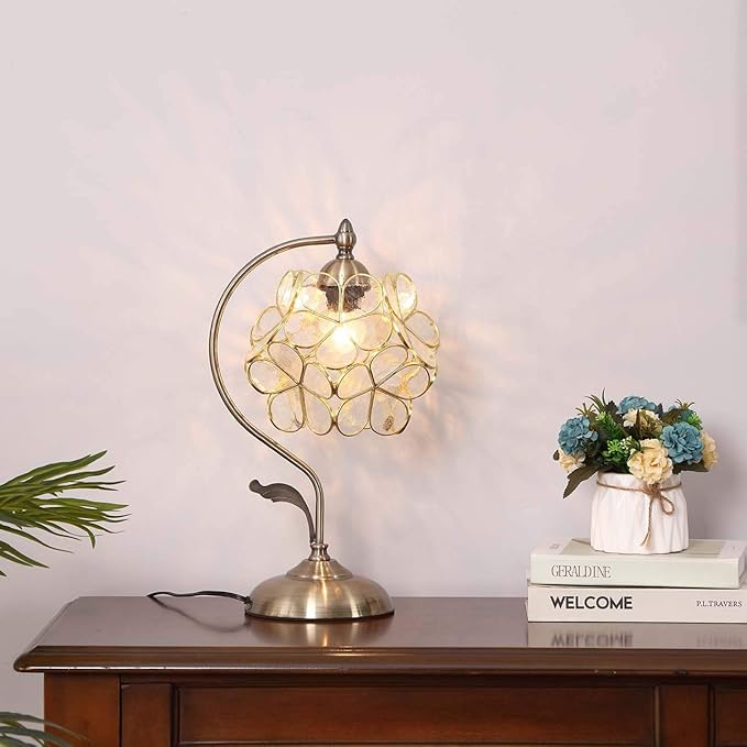 Bieye L10734 Tiffany Style Stained Glass Flower Petal Table Lamp with Brass Base for Home Décor (Clear, 8" Cherry Blossom)