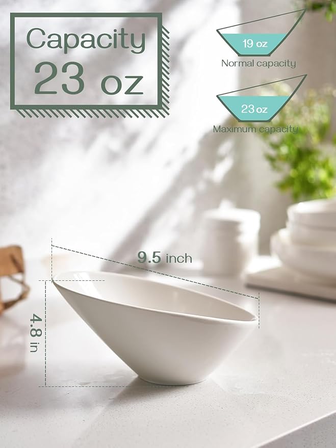 DOWAN 23 OZ Slanted Salad Bowls of 2 Packs - 9.5" Angled Serving Bowls for Salad, Fruit, Snacks - Ceramic White Bowls for Restaurant, Daily Use - Dishwasher & Microwave Safe