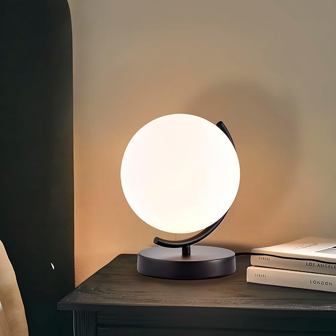 Modern Globe Table Lamp - 7.1" Opal Glass Shade, Black Metal Base - Mid Century Small Lamp for Bedroom Nightstand, Office Desk - Plug-in with 5.9FT Cord & On/Off Switch-Decorative Bedside Table Light