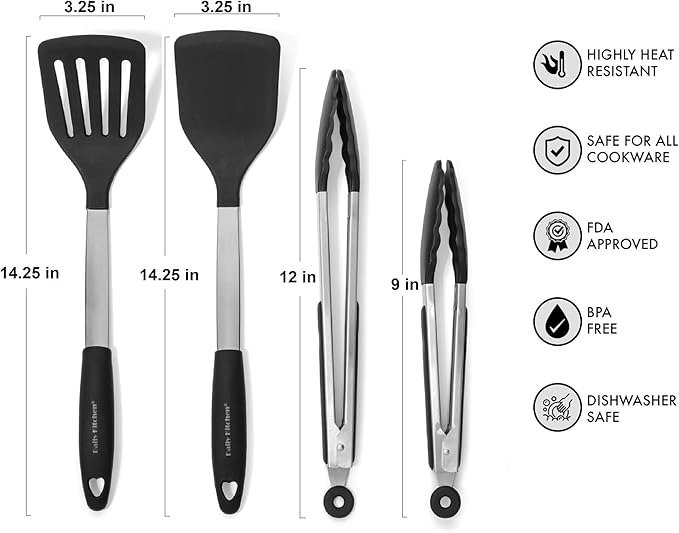 Spatulas Heat Resistant Silicone and Stainless Steel – Tongs and Turners with Rubber Grip - Flexible Silicone Spatula Tongs for Cooking and Non Stick Cookware – Cooking Utensils 4-Set