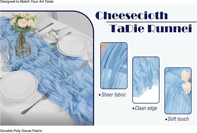 12 Pack Light Blue 10 Ft Cheesecloth Table Runner 21x120 Inch Boho Wrinkled Sheer Romantic Gauze Decor for Wedding, Bridal Shower, Birthday Party