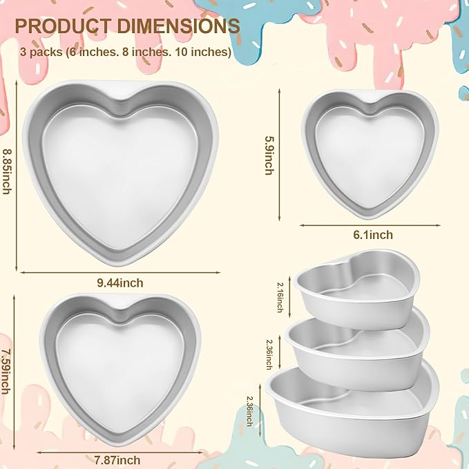 3Pcs Heart Shaped Cake Pans（6Inch+8Inch+10Inch） Aluminum Heart-Shaped Baking Pan Fun Cake Mold Baking Tool Kitchen DIY Mold For Birthdays and Weddings