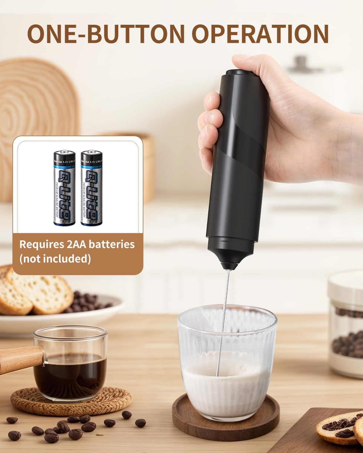 CIRCLE JOY Portable Milk Frother Hanheld, Battery Operated Electric Coffee Frother Wand Drink Mixer for Matcha Lattes Cappuccino, Kitchen Gifts, Black