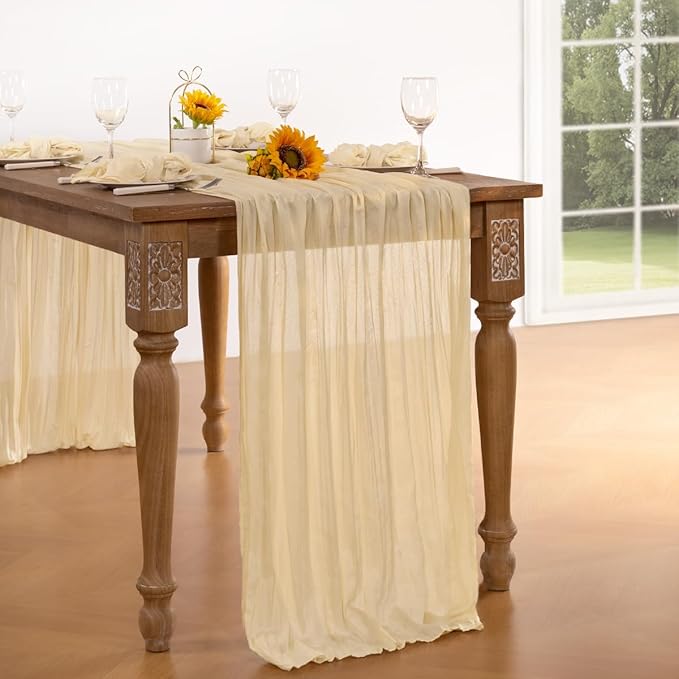 Beige Cheesecloth Table Runner 10 Pack Christmas Table Runners 120 Inches Boho Gauze Cream Cheese Cloth Table Decor for Xmas Holiday Season Parties Wedding Bridal Baby Shower