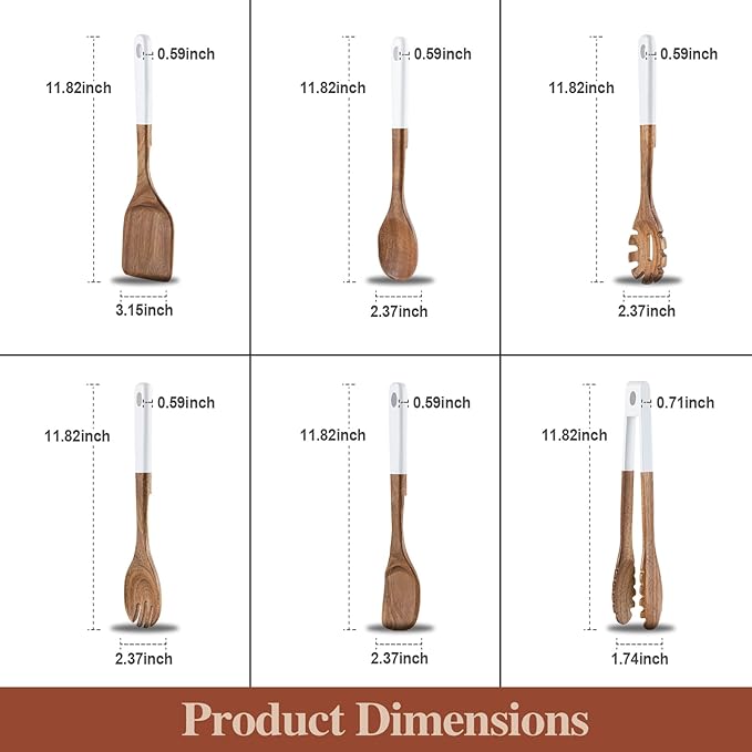 Wooden Spoons For Cooking, 6 PCS Natural Acacia Wooden Cooking Utensils, Smooth Grip Wood Cooking Spoons with Hanging Hole, Non-Stick Wooden Utensil Set for Kitchen Essentials, White