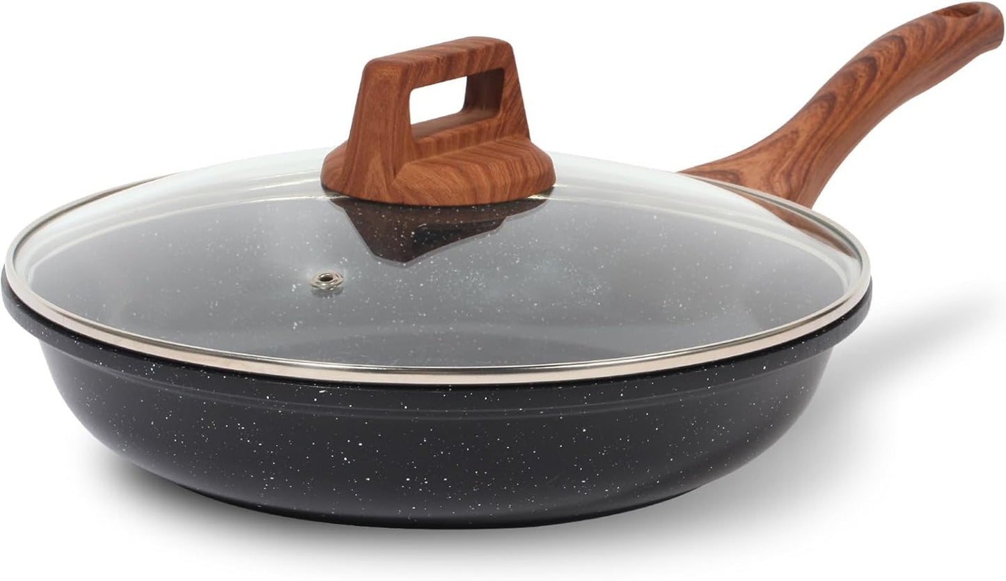 ESLITE LIFE Nonstick Ceramic Frying Pan Skillet with Lid, Non-Toxic Egg Omelette Kitchen Cooking Pans Compatible with All Stovetops (Gas, Electric & Induction), PTFE & PFOA Free (Black, 9.5" w/Lid)