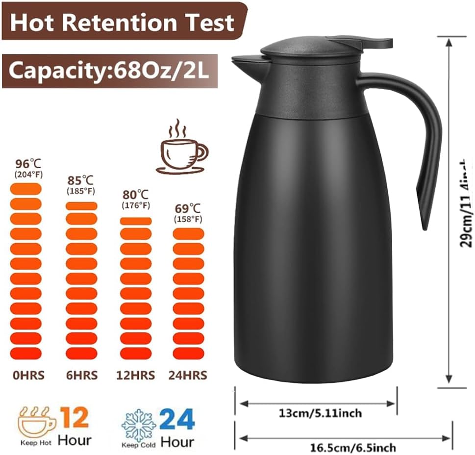 70 oz Thermal Coffee Carafe Stainless Steel, Insulated Coffee Carafe - Double Walled Vacuum Coffee Thermos Water Beverage Dispenser for Keeping12 Hour Hot/24 Hour Cold Water, Thermal carafe (Blake)