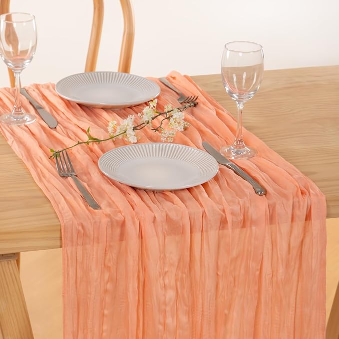 MLMC 3 Pack Peach Cheesecloth Table Runner 10ft Rustic Gauze Cheese Cloth Table Runner 35x120 Inches for Wedding Bridal Baby Shower Party Decor