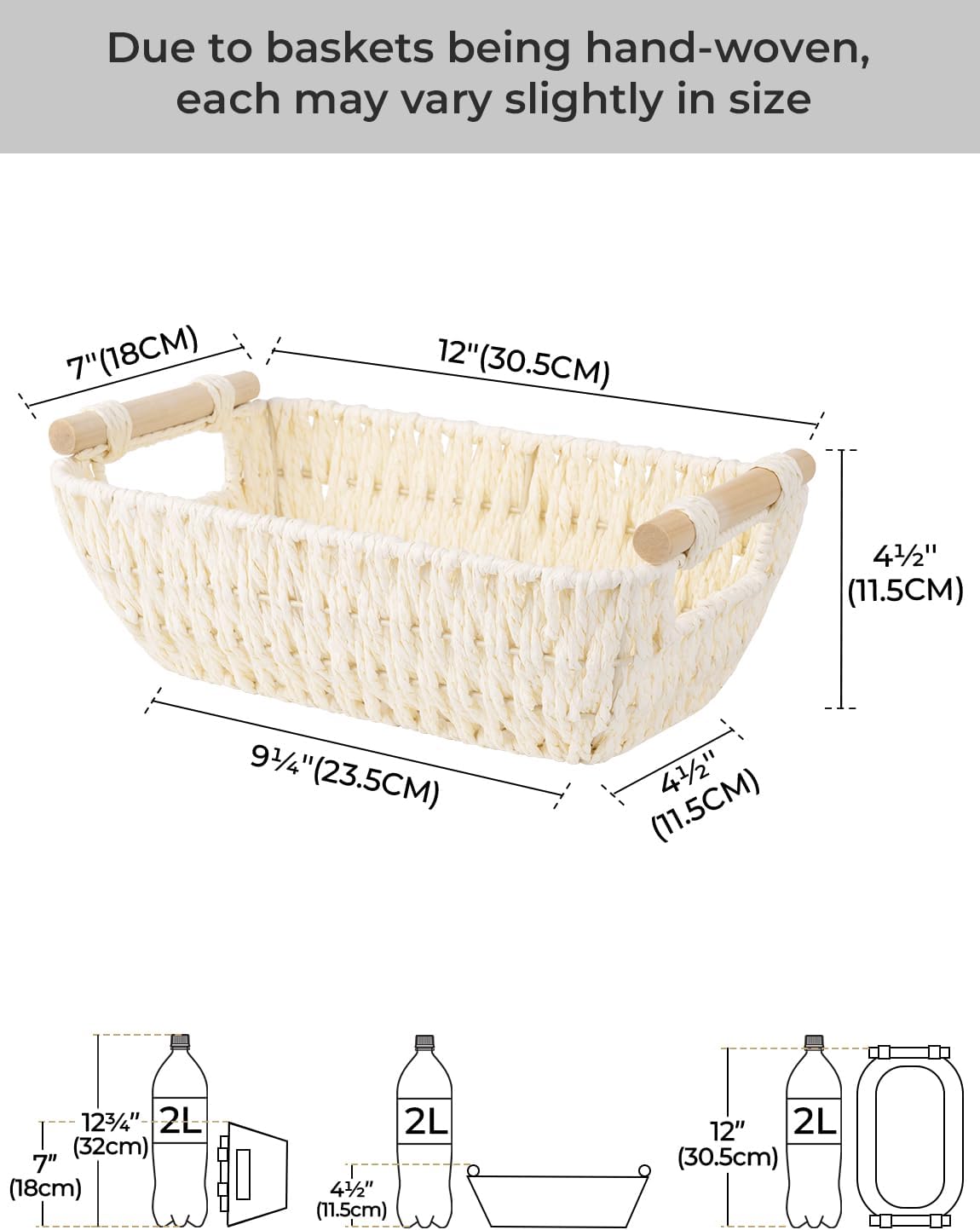 StorageWorks Round Paper Rope Woven Basket with Wooden Handles for Gifts, Small Wicker Baskets for Bathroom, Beige, 2-Pack