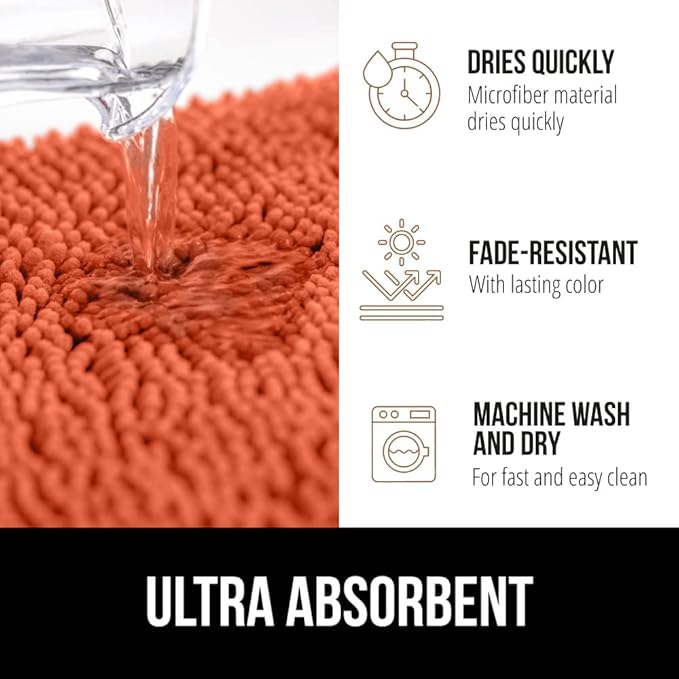 GORILLA GRIP Bath Rug Mat, Thick Soft Absorbent Chenille, Quick Dry Microfiber Mats, Rubber Backing Washable Shower Floor Rugs, US Designed Bathroom Bathmat Home Decor Accessories, 24x17, Coral