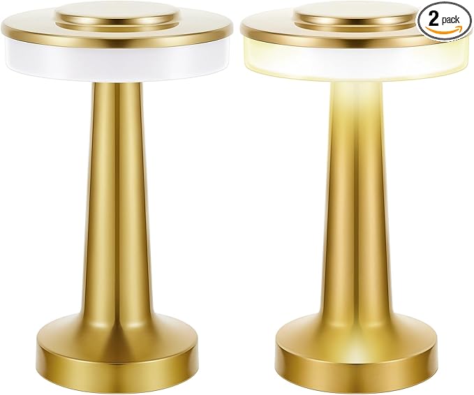 Riakrum 2 Pcs LED Portable Cordless Table Lamp with Touch Sensor 3 Color Stepless Dimming Rechargeable Battery up to 15 Hours Cordless Table Light Wireless Lamp for Nursery (Gold)