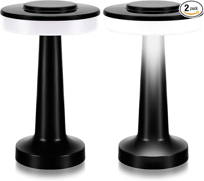 Riakrum 2 Pcs LED Portable Cordless Table Lamp with Touch Sensor 3 Color Stepless Dimming Rechargeable Battery up to 15 Hours Cordless Table Light Wireless Lamp for Nursery (Black)