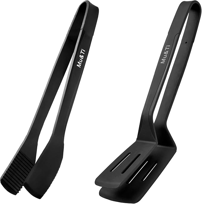 Mu&Ti Silicone Kitchen Tongs 2-in-1 11 In Premium Stainless Steel Barbecue Clamp Multipurpose BBQ Clamp Spatula for Gripper Bread Clip/Fried Steak Clamp/Flipping Fish/Beefsteak Flipper Two Set(Black)