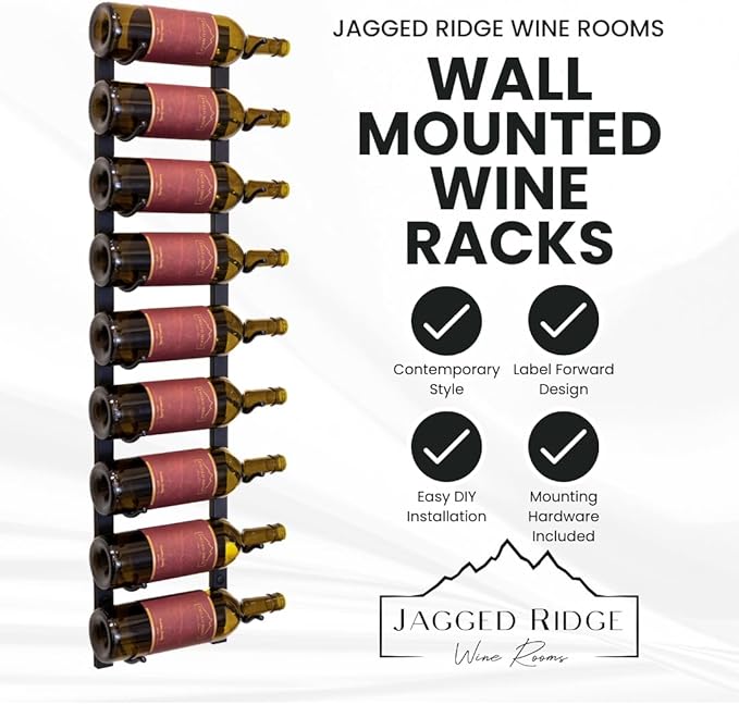Jagged Ridge Wine Rooms - Premium Wall Mounted Metal Wine Rack - 9 Wine Bottles Holder - Modern Wine Rack, Matte Black - Space Saving for Home, Kitchen, Bar - Designed in Canada by Wine Enthusiasts