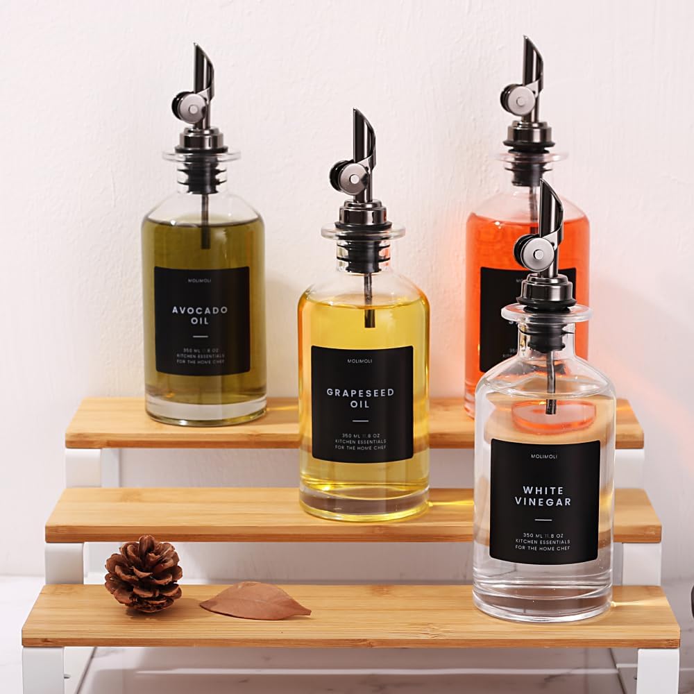 Molimoli Olive Oil Dispenser Bottle for Kitchen With Weighted Pourer - Glass Cruet Set of 4 | 350ml