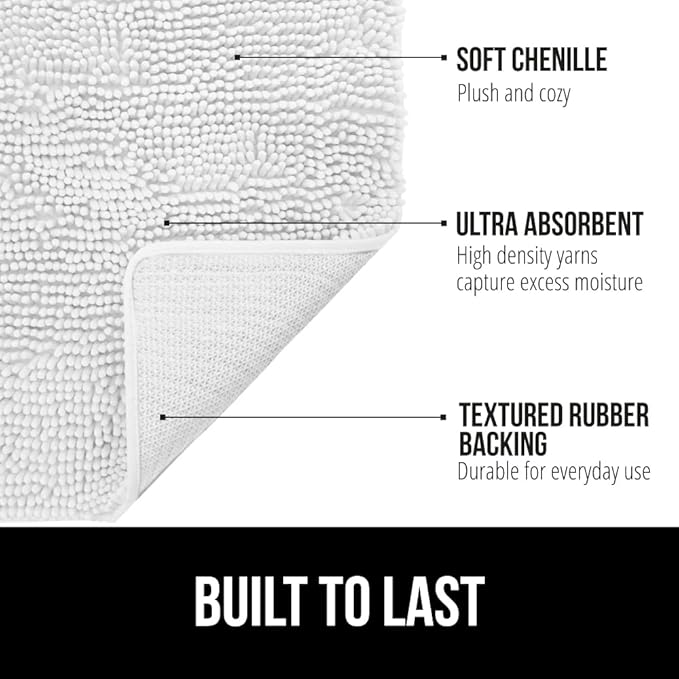 GORILLA GRIP Bath Rug Mat 36x24, Thick Soft Absorbent Chenille, Quick Dry Microfiber Mats, Rubber Backing Washable Shower Floor Rugs, Bathmat Runner, US Designed Bathroom Home Decor Accessories White