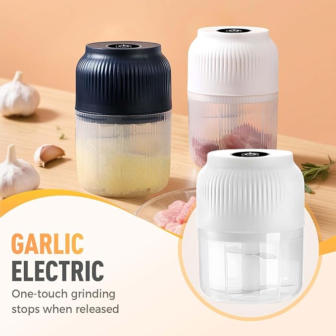 Electric Garlic Chopper, Mini Portable Veggie Chopper, 300ML Cordless Garlic Grinder Onion Masher, Food Processor for Ginger Chili Fruit Meat (White)
