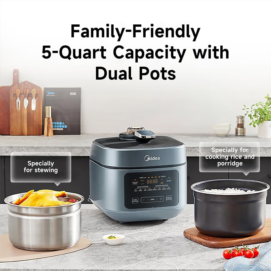Midea 8-in-1 Electric Pressure Cooker with Dual Pots, Multi-Functional Programmable Slow Cooker, Rice Cooker, Steamer, Sauté Pan and More, 5 Quart