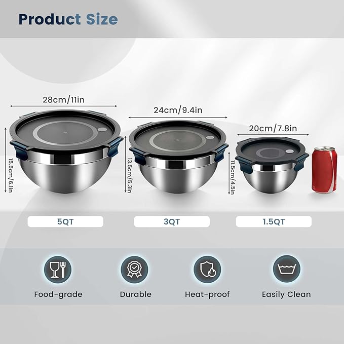 Daily Treasures Mixing Bowls with Airtight Clear Lids Set of 3,Thicker Stainless Steel Mixing Bowl Set,Nesting Bowls for Cooking, Prepping, Baking, Serving & Food Storage, Size 5, 3, 1.5QT