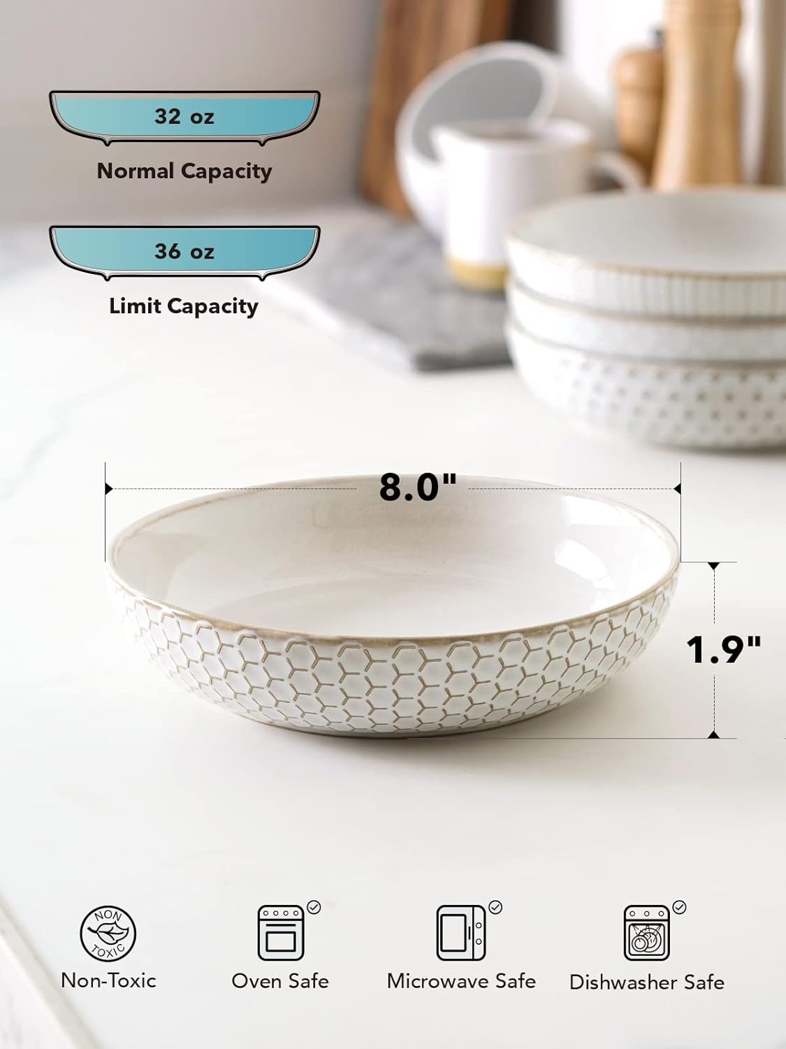 LE TAUCI Pasta Bowl 36 oz, Salad Bowl Serving Plate Bowls, Housewarming Wedding Present, Ceramic Embossment Bowl for Pasta, Fruits, Salad, Noodle, Dinner - 8 Inch, Set of 4, Arctic White