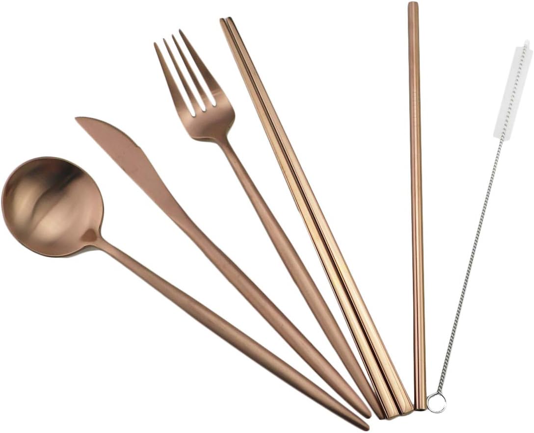 Gugrida Reusable Travel Utensils, 7 Piece Portable 304 Stainless Steel including Knife Fork Spoon Chopsticks Cleaning Brush Straws Portable Pouch, Eco-friendly Camping Silverware Set, Dishwasher Safe
